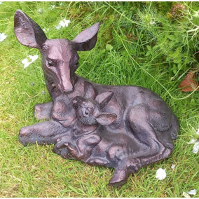 Doe and Baby Fawn Laying Deer Garden Ornament Sculpture Hand Crafted Aluminium