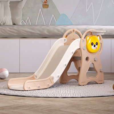 Dog Cartoon Beige Toddler Slide Set Play Set with Basketball Hoop W ...