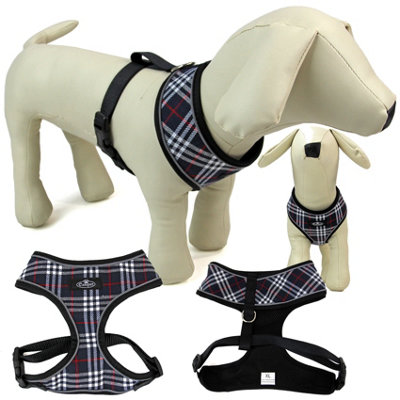 Dog Harness Puppy Pet Comfortable Mesh Breathable Adjustable Reflective Black Tartan L