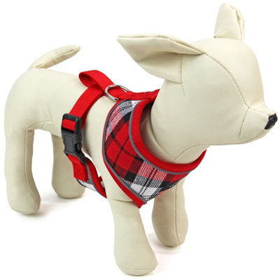 Dog Harness Puppy Pet Comfortable Mesh Breathable Adjustable Reflective Easipet Red Tartan S