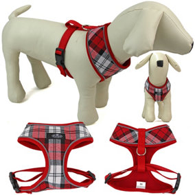 Dog Harness Puppy Pet Comfortable Mesh Breathable Adjustable Reflective Red Tartan XL