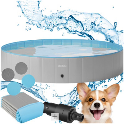 Dog Pool Nele - round, non-slip and foldable, garden hose connection 160 cm - grey/blue