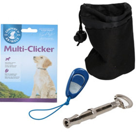 Dog Puppy Training Bundle- Multi Clicker, Silent Adjustable Whistle & Treat Bag
