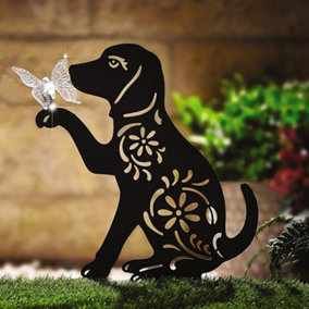Dog Silhouette Light Up Ornament - Solar Powered Garden Stake Light Sculpture with Illuminated Butterfly - Measures 31 x 30 x 8cm