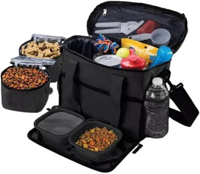 Dog Travel Bag Pet Multi-Use Dog Outdoor Bag with Locking Safety Zippers, Food and Accessory Overnight Black Carrier Bag