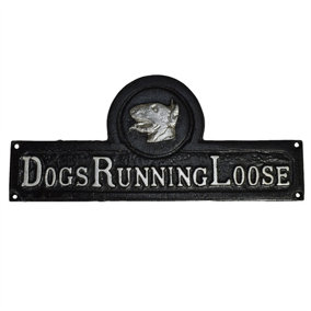 Dogs Running Loose Cast Iron Sign Plaque Wall Fence Gate Post House Dog