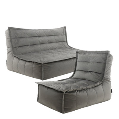 Dolce Velvet XL Bean Bag Sofa & Lounger Set Grey Bean Bag Chair