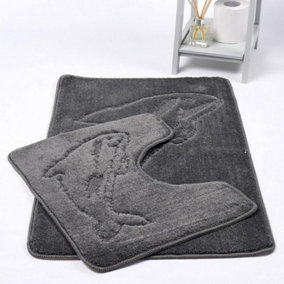 Dolphin Anti-Slip Bath Mat and Pedestal Mat 2 Piece Set - Grey