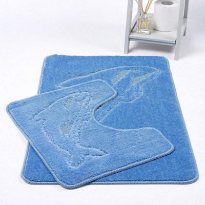 Dolphin Anti-Slip Bath Mat and Pedestal Mat 2 Piece Set - Mid-blue Price Comparisons | Compare The Build