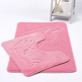 Dolphin Anti-Slip Bath Mat and Pedestal Mat 2 Piece Set - Pink