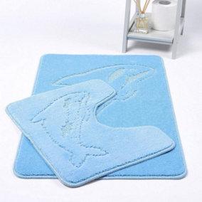 Dolphin Anti-Slip Bath Mat and Pedestal Mat 2 Piece Set - Sky