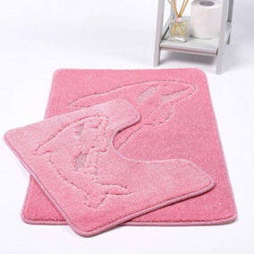 Dolphin Pink Bath Mats Non Slip Bathroom Mats 2 Piece Pedestal and Bath Mat Set