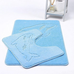 Dolphin Sky Blue Bath Mats Non Slip Bathroom Mats 2 Piece Pedestal and Bath Mat Set