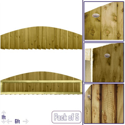 Dome Top Feather Edge Fence Panel (Pack of 5) Width: 6ft x Height: 1ft Vertical Closeboard Planks Fully Framed