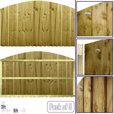 Dome Top Feather Edge Fence Panel (Pack of 5) Width: 6ft x Height: 3ft Vertical Closeboard Planks Fully Framed