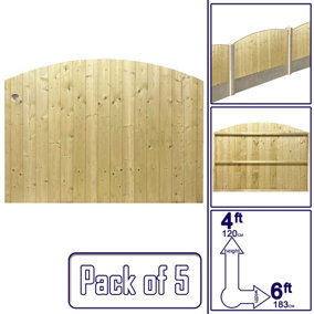 Dome Top Tongue & Groove Fence Panel (Pack of 5) Width: 6ft x Height: 4ft Vertical Interlocking Planks Fully Framed