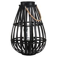 Domed Wicker Lantern with Rope Detail - Rattan - L29 x W29 x H40 cm - Black
