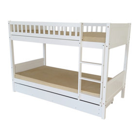 Domino Wooden Bunk Bed in White, Kids Bedroom Furniture, 2x 3FT (90cm) Single Beds, with Under Bed Drawer