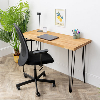 domli Solid Oak Wood Home Office Computer Desk With Black Hairpin Legs - 1200mm x 500mm x 27mm - Modern Wooden Workstation Table