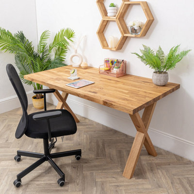 domli Solid Wood Oiled Oak Office Desk With Oak Wooden X Legs - 1500mm x 800mm x 27mm - Premium European Wooden Tabletop And Leg