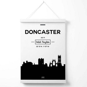 Doncaster Black and White City Skyline Poster with Hanger / 33cm / White