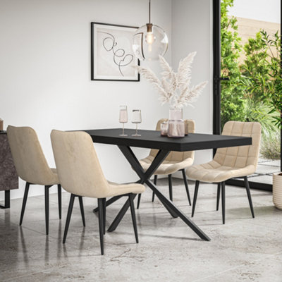 Donni Dining Table And Chairs -  Black Table Top w Black Legs + Nova Velvet Dining Chair Set Of 6 (Beige)