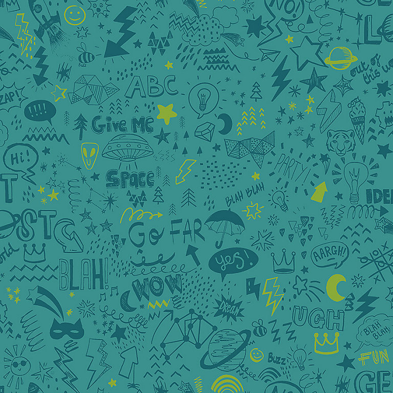 Doodle Teal/Neon Yellow Children's Wallpaper | DIY at B&Q