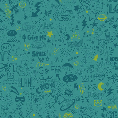 Doodle Teal/Neon Yellow Children's Wallpaper DIY at B&Q