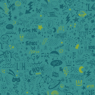 Doodle Teal/Neon Yellow Children's Wallpaper