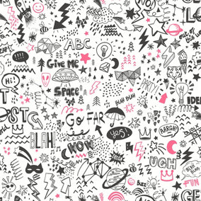 Doodle White/Neon Pink Children's Wallpaper