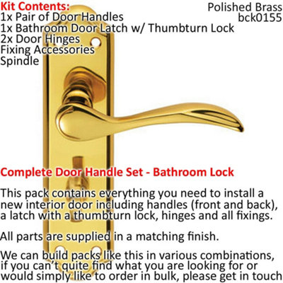 Door Handle & Bathroom Lock Pack Brass Victorian Curved Thumbturn Backplate