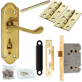 Door Handle & Bathroom Lock Pack Brass Victorian Scroll Lever Turn Backplate
