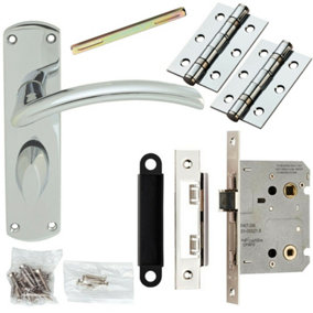 Door Handle & Bathroom Lock Pack Chrome Arched Lever Thumb Turn Backplate