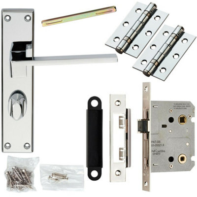 Door Handle & Bathroom Lock Pack Chrome Modern Slim Flat Thumb Turn Backplate