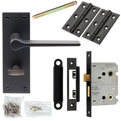 Door Handle & Bathroom Lock Pack Matt Black Flat Lever Thumb Turn Backplate
