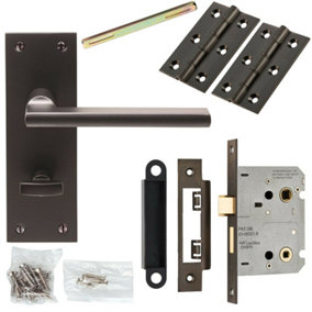 Door Handle & Bathroom Lock Pack Matt Bronze Flat Lever Thumb Turn Backplate