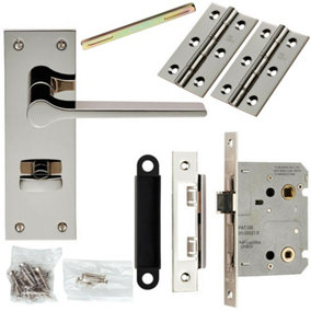 Door Handle & Bathroom Lock Pack Polished Nickel Flat Bar Lever Turn Backplate