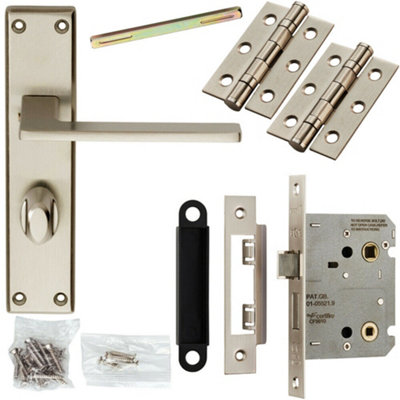 Door Handle & Bathroom Lock Pack Satin Chrome Flat Arm Square Thumb Backplate