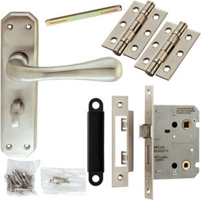Door Handle & Bathroom Lock Pack Satin Chrome Heavy Duty Prism Thumb Backplate