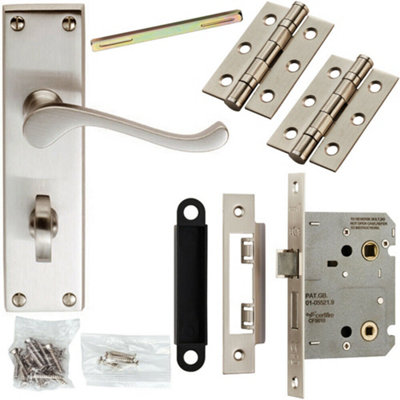 Door Handle & Bathroom Lock Pack Satin Chrome Victorian Scroll Lever Backplate