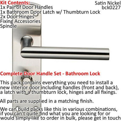 Door Handle & Bathroom Lock Pack Satin Nickel Modern Mitred Round Bar Backplate