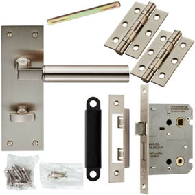 Door Handle & Bathroom Lock Pack Satin Nickel Round Bar Low Profile Backplate