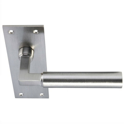 Door Handle & Bathroom Lock Pack Satin Nickel Round Bar Low Profile Backplate