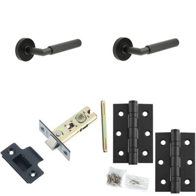 Door Handle & Latch Kit Black Mitred Knurled Premium Rounded Lever Round Plain On Rose
