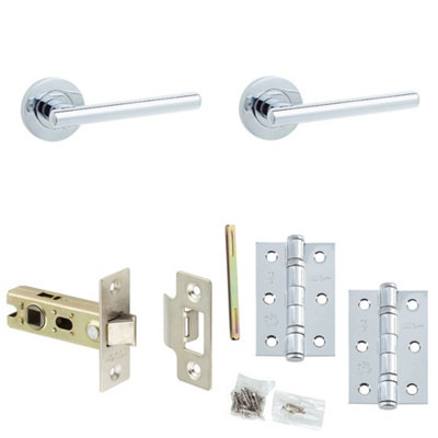 Door Handle & Latch Kit Chrome Premium Rounded Lever Round Plain On Rose
