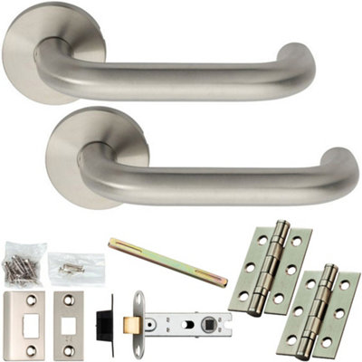 Door Handle & Latch Pack - 304 Satin Steel - Rounded Curved Bar Lever On Round Rose
