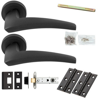 Door Handle & Latch Pack - Anthracite Grey - Chunky Curved Arched Lever On Round Rose