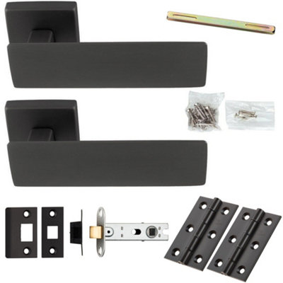Door Handle & Latch Pack - Anthracite Grey - Chunky Flat Bar Lever On Square Rose