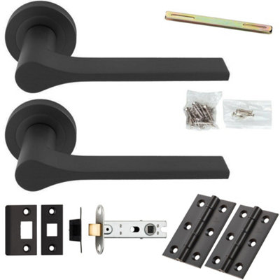 Door Handle & Latch Pack - Anthracite Grey - Slim Modern Lever On Round Rose