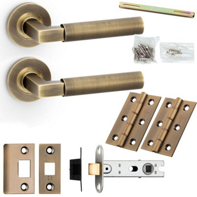 Door Handle & Latch Pack - Antique Brass - Mitred Smooth Bar Lever On Round Rose